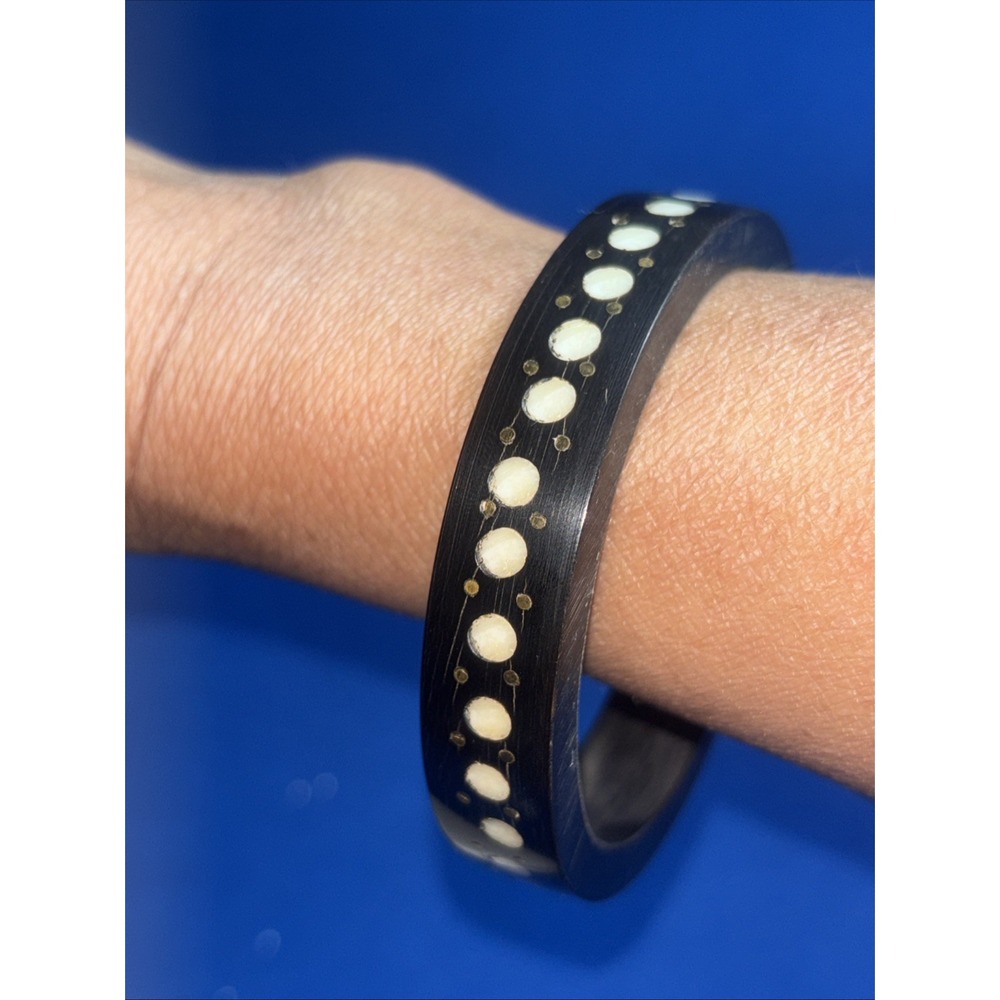 Black Bone Horn Bangle Bracelet White Dot Inlay Brass Boho Ethnic Vintage Style